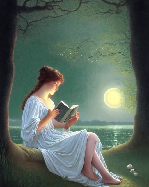 Prompt: a girl in white nightgown reading a book by the river, a full moon on the horizon, dark starry sky, golden orbs and fireflies, illustration, dramatic lighting, art nouveau, highly detailed face, 8 k, hd, by edmund blair leighton, brom, charlie bowater, trending on artstation, tom bagshaw