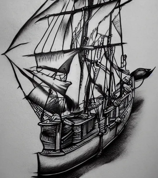 Image similar to A realistic black and white tattoo design sketch of a pirate ship, highly detailed tattoo, shaded tattoo, hyper realistic tattoo