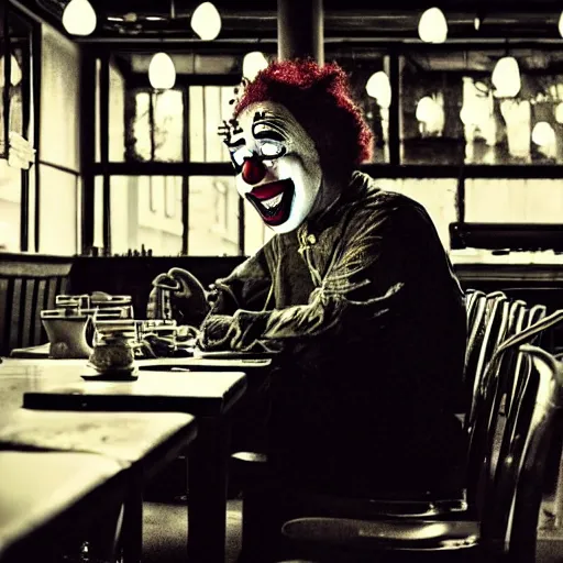 Image similar to Clown sitting in an empty diner at night, Gothic Art, color, award-winning art, horror, scary, eerie, ominous, unnerving, 8k