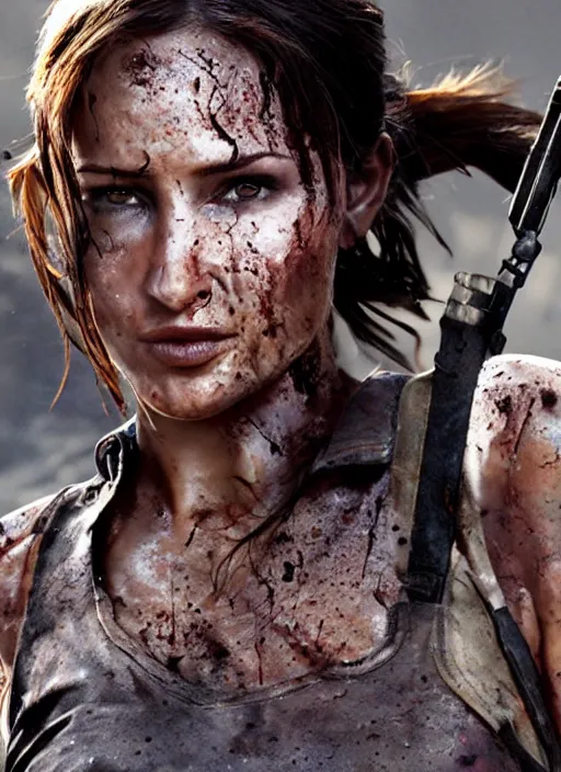 Image similar to a film still of lara croft as cop, her clothes little damaged because explosion, her face muddy and sweat, direct sun light, close up potrait, cinematic,