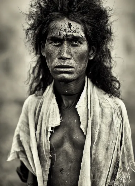 Image similar to Award winning Editorial photo of a Native Nauruans with incredible hair and beautiful hyper-detailed eyes wearing traditional garb by Lee Jeffries, 85mm ND 5, perfect lighting, gelatin silver process