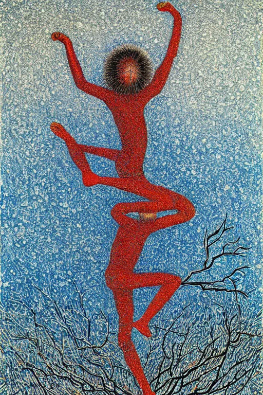 Image similar to ivan marchuk style nataraja dancing in a winter birch grove and raising snow clouds during a solar eclipse, visionary art style