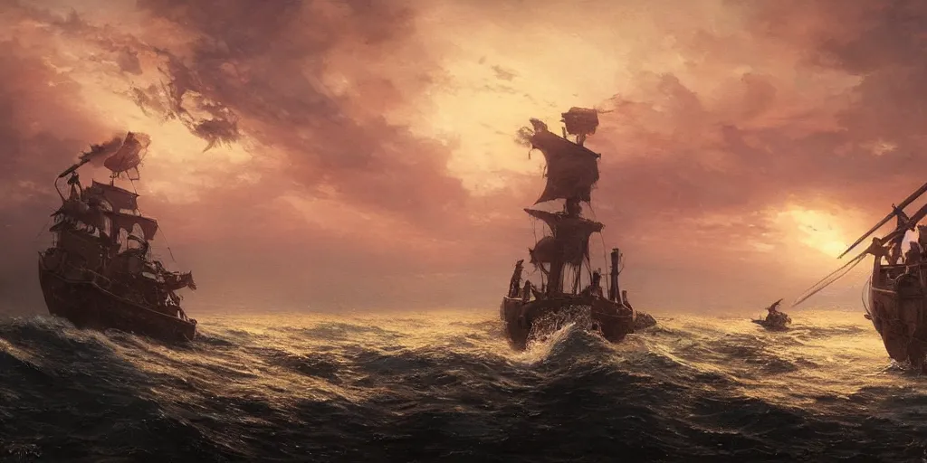 Image similar to two pirates facing each other in death duel!, foggy, gunpowder smoke, dramatic, bloody scene, sunset background, ship on the horizon, portrait 4 / 3, high detail, greg rutkowski, james gurney, gene wolfe, gustave dore, jesper ejsing, rhads, makoto shinkai, ilya kuvshinov