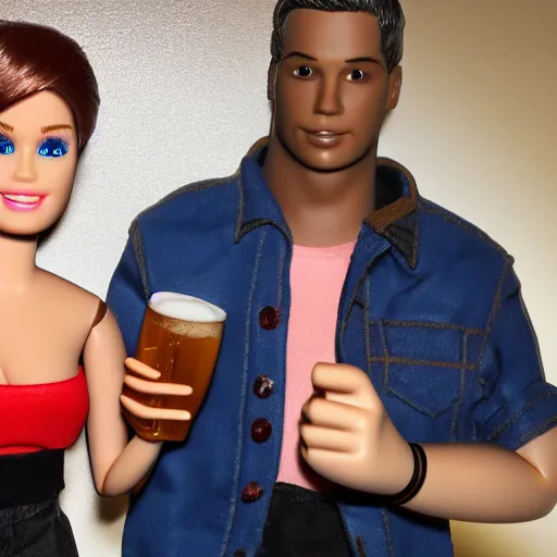 Image similar to a bruised Barbie doll with a black eye standing next to Ken doll holding a beer