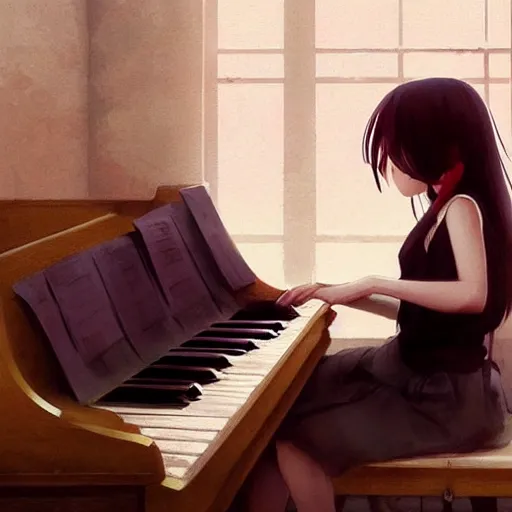 Image similar to anime girl Playing the Piano instrument , digital Art, Greg rutkowski, Trending cinematographic artstation