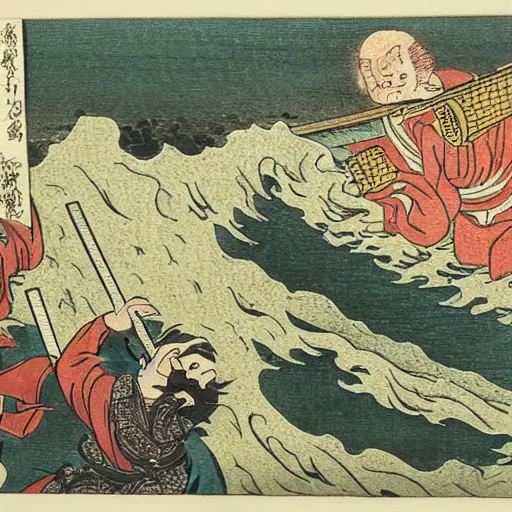 Prompt: Garfield and Heathcliff crossing katanas next to a raging sea, Japanese woodblock print