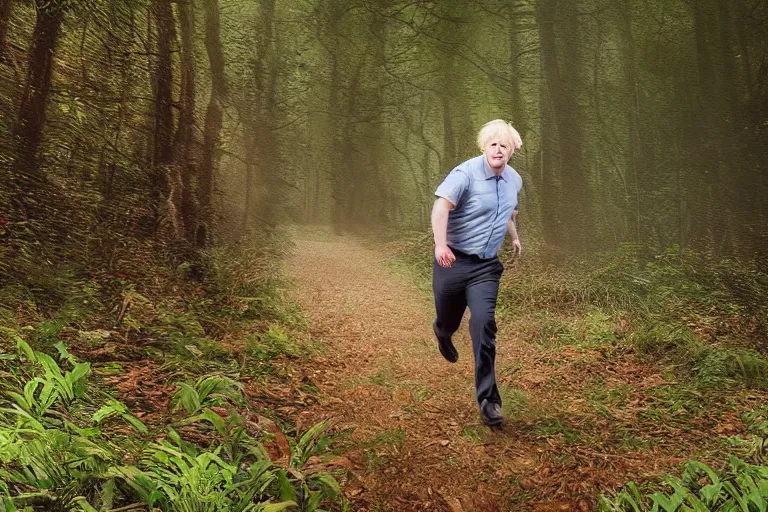 Prompt: boris johnson chasing you in a forest, trailcam footage, created by Mark Keathley