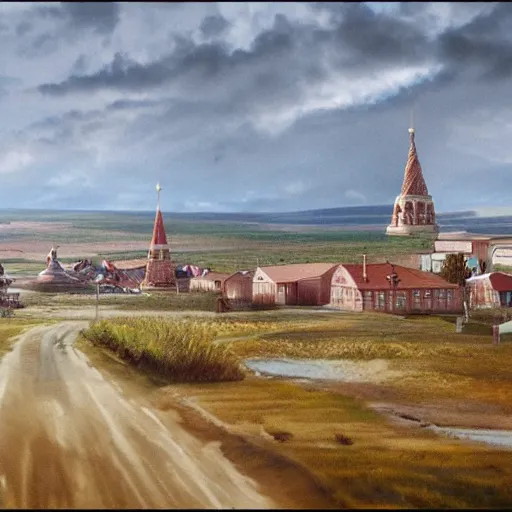 Prompt: matte painting of russian small town in the steppes