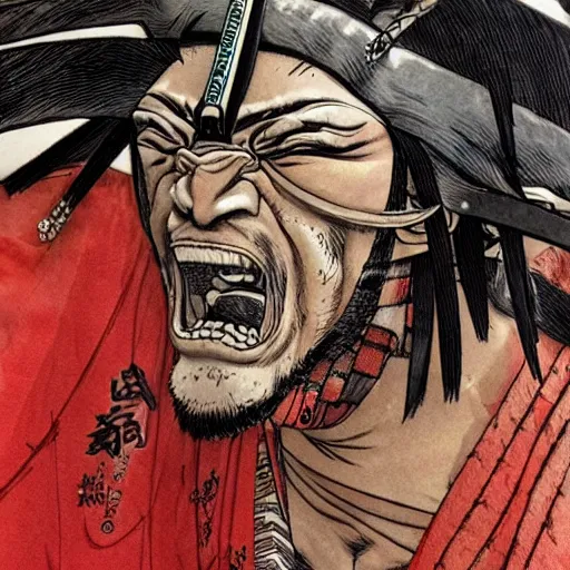 Prompt: a close up of an enraged samurai, stunning details, by kim jung gi