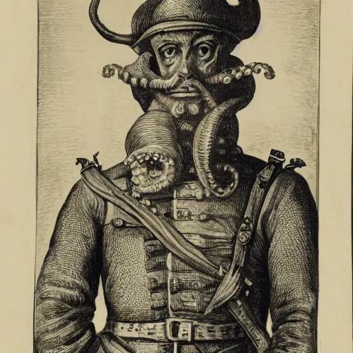 Image similar to tA colonial soldier with an octopus head, engraving, ink, black and white, 17th century