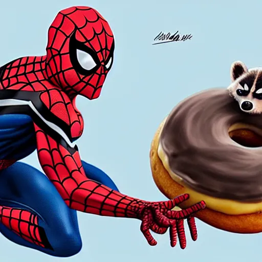 Image similar to spider - man eating donuts and seating on the raccoon, concept art, trending on artstation, highly detailed, intricate, sharp focus, digital art, 8 k