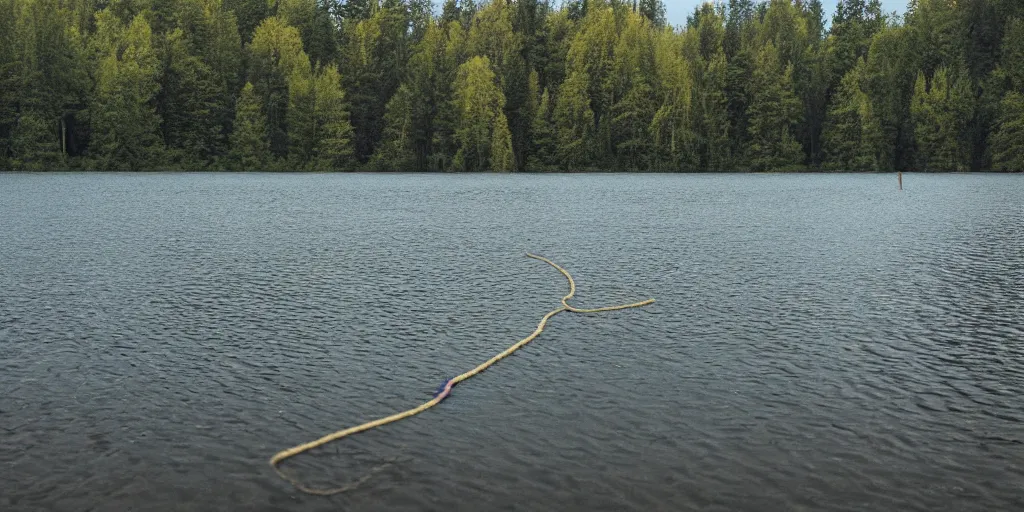 Prompt: centered photograph of a long rope zig zagging across the surface of the water, floating submerged rope stretching out towards the center of the lake, a dark lake on a cloudy day, color film, trees in the background, hyperedetailed photo, anamorphic lens