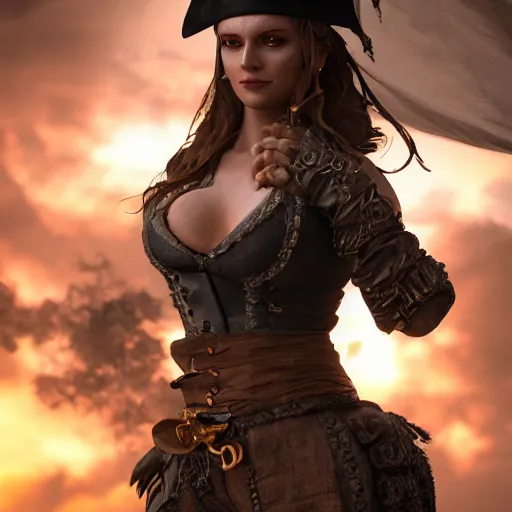 Prompt: full body pose, professional photograph of a beautiful pirate woman, dim volumetric lighting, 8 k, octane beautifully detailed render, extremely hyper detailed, intricate, epic composition, cinematic lighting, masterpiece, trending on artstation, very very detailed, stunning, hdr, smooth, sharp focus, high resolution, award, winning photo, dslr, 5 0 mm