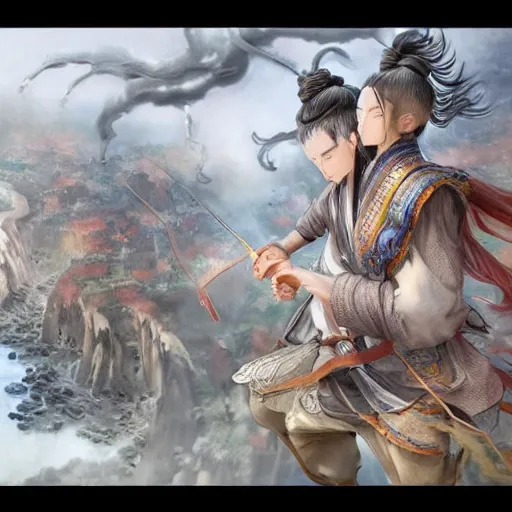 Prompt: dynamic composition, motion, ultra-detailed, incredibly detailed, a lot of details, amazing fine details and brush strokes, colorful and grayish palette, smooth, HD semirealistic anime CG concept art digital painting, watercolor oil painting of meadow and sunrise, from Three Kingdoms, by a Chinese artist at ArtStation, by Huang Guangjian, Fenghua Zhong, Ruan Jia, Xin Jin and Wei Chang. Realistic artwork of a Chinese videogame, gradients, gentle an harmonic grayish colors.