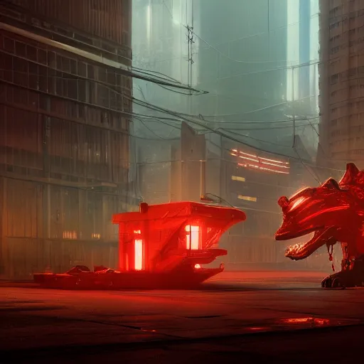 Image similar to steel cyberpunk lion red glow, concept art, matte painting by jama jurabaev, hard surface, octane render