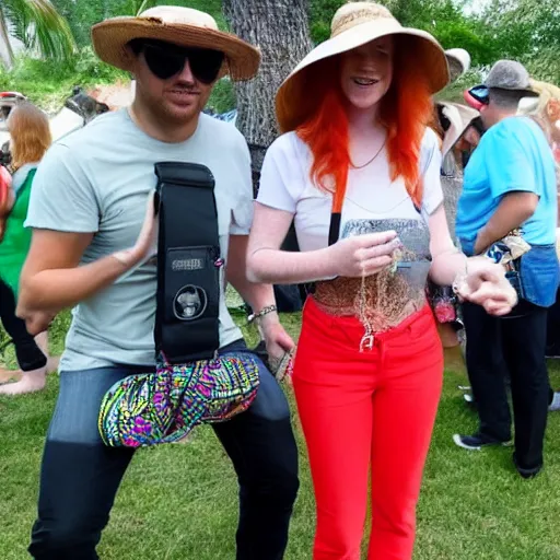 Prompt: DJ at a party, DJ is a red headed woman and is wearing a straw hat and a fanny pack