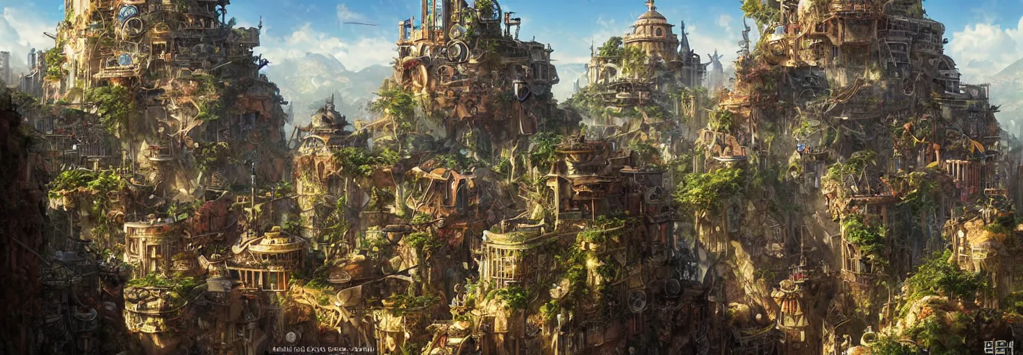 Image similar to steampunk city on a cliff, dense foliage poster art by kim jung giu and weta studio, and lucasfilm and jesper ejsing and norman rockwell greg rutkowski frank frazzeta