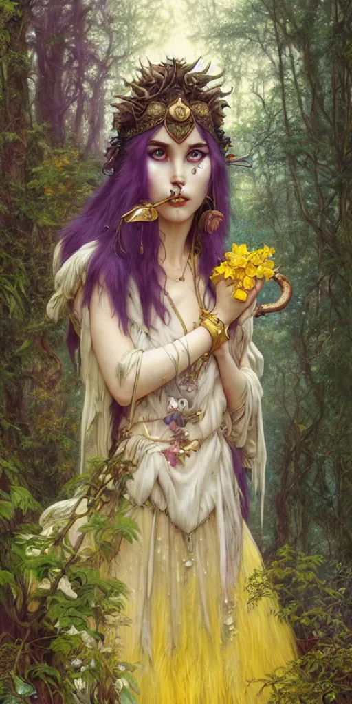 Prompt: hyper realistic Princess Mononoke in her mask, lush rainy forest landscape, wolves, magic, castle, jewels, style of tom bagshaw, mucha, james gurney, norman rockwell, gems and gold, waterfalls, denoised, sharp, yellow purple colours,