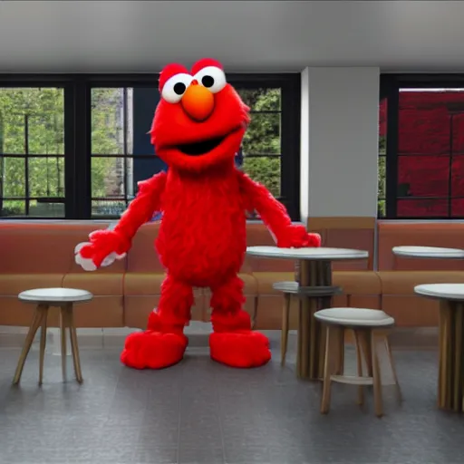 Prompt: a still of elmo in a mcdonalds, award - winning, photograph, 3 d render, unreal engine, 4 k detailed