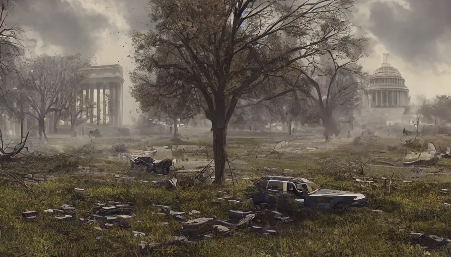 Prompt: shooting between survivors in washington dc ruins, debris, vegetation, capitol, cloudy day, volumetric light, hyperdetailed, artstation, cgsociety, 8 k