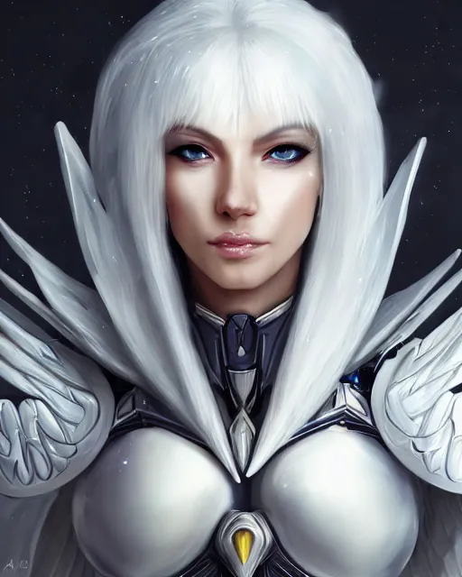 Prompt: perfect white haired attractive egyptian goddess with huge white dove wings, warframe armor, beautiful, symmetric, charlize, half asian, pretty face, blue eyes, detailed, scifi platform, laboratory, experiment, 4 k, ultra realistic, epic lighting, android body, illuminated, cinematic, masterpiece, art by akihito tsukushi, voidstar