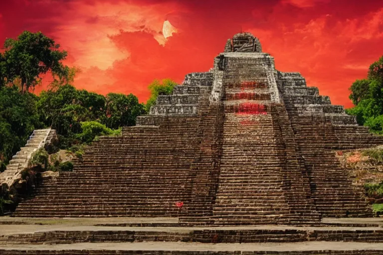 Image similar to ornate detailed aztec temple, flowing blood down steps, jungle setting, red sunset sky