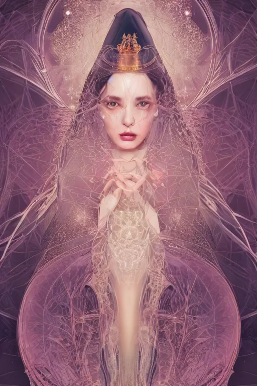 Prompt: beautiful detailed digital illustration, portrait of a beautiful female magician , wearing crystal fractal tiara, Symmetrical composition, fantasy long intricate gown, sharp focus, octane render, high quality, 8k, volumetric lighting, color grading, by By James Jean and WLOP and Victo Ngai