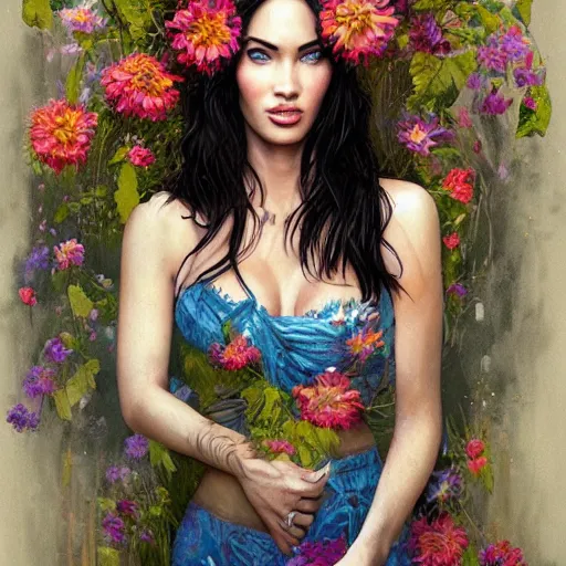 Prompt: painting of megan fox dressed with flowers, illustration, artistic, colorful, hyper detailed, in the style of Greg Rutkowski