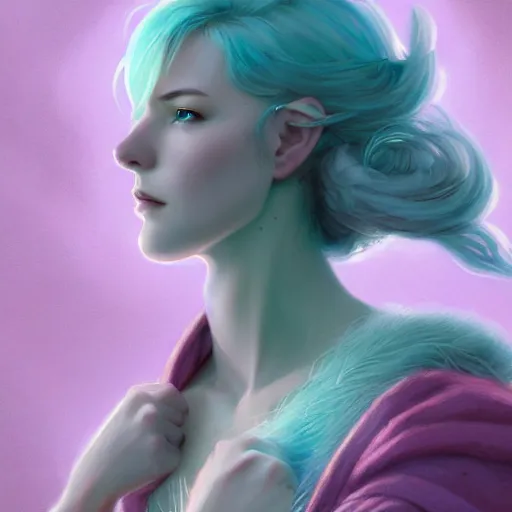 Prompt: teal haired mage, female, glacier landscape, norway, d & d, fantasy, intricate, elegant, highly detailed, digital painting, pink and teal color palette, artstation, octane render, concept art, matte, sharp focus, illustration, herrarthstone, art by artgerm and greg rutkowski and alphonse mucha