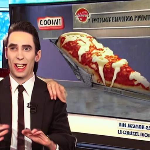 Prompt: vampire being interviewed on national television about pizzas paiting, high deatils