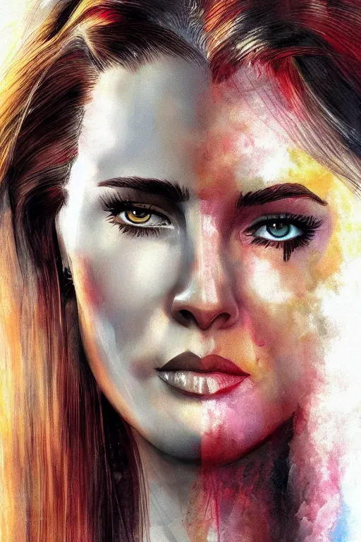 Image similar to mix of beautiful young maria shriver, mariel hemmingway, brooke shields, nicole kidman and elle macpherson as a young amazon warrior, thin lips, hair tied up in a pony tail, dark blonde hair, colorful, artstation, cgsociety