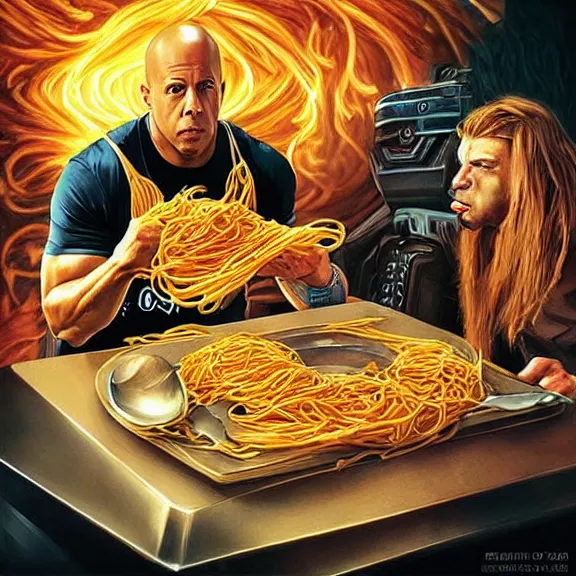 Prompt: gamma ray album cover featuring photo of vin diesel eating spaghetti, power metal album cover, trending on artstation, intricately detailed, highly detailed, classic, award winning