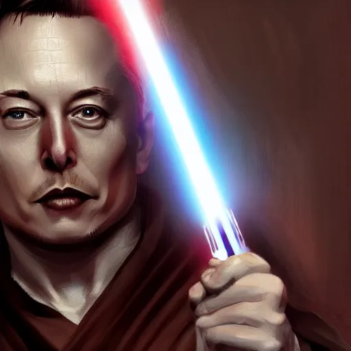 Image similar to elon musk jedi master in brown robe, style of Raymond Swanland, cinematic, artstation