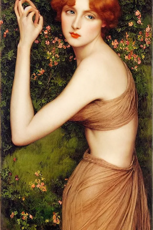 Image similar to Pre-Raphaelite portrait of a young beautiful woman with blond short-hair and grey eyes who works as an architect artwork by Edward Robert Hughes, Henry Justice Ford, Rolf Armstrong, Monia Merlo