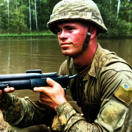 Image similar to american soldier in the swamps of louisiana in the 1 9 5 0 s holding an m 1 garand photograph