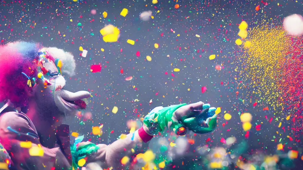 Image similar to A clown spraying confetti from his pants, by Beeple, hyperrealistic, Cryengine 8k UHD