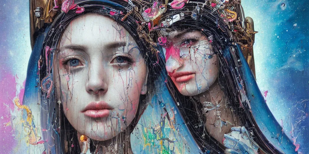 Prompt: portrait of Virgin Mary,8k,by tristan eaton,Stanley Artgermm,Tom Bagshaw,Greg Rutkowski,Carne Griffiths, Ayami Kojima, Beksinski, Giger,trending on DeviantArt,face enhance,hyper detailed,minimalist,cybernetic, android, blade runner,full of colour, super detailed