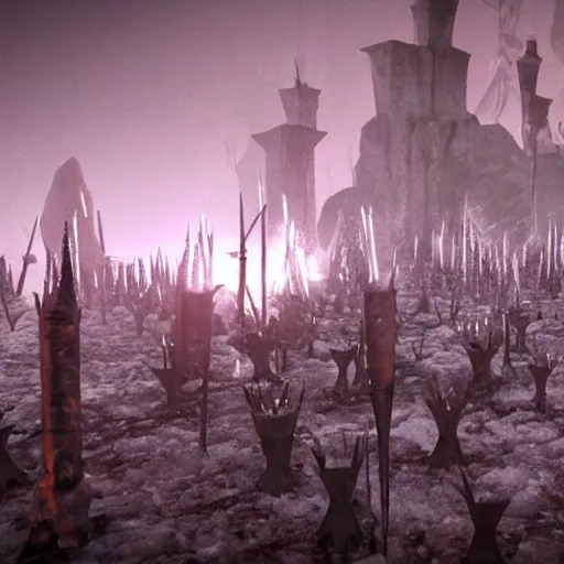 Image similar to ice spikes are summoned from the ground by magic, a group of knights in plate - armor gets impaled by bloody spikes, death on the spot, gloomy lights in the sky, octane render, unreal engine