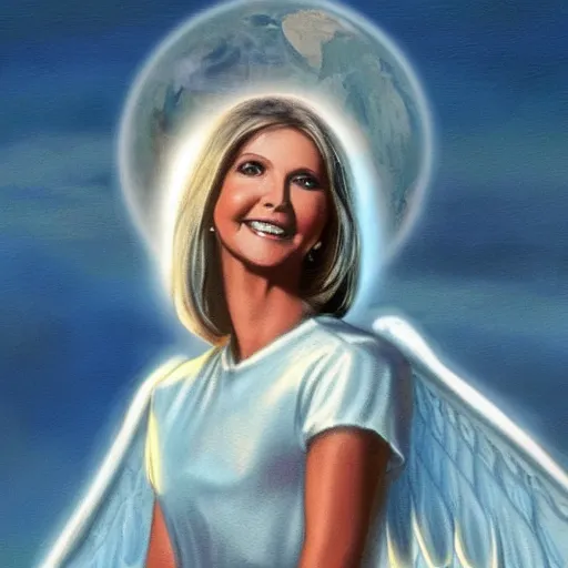 Image similar to Olivia Newton John as a beautiful angel looking at earth from heaven, trending on artstation,