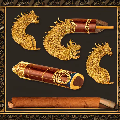 Image similar to digital art of the most rate and quality rich dragon themed cigar set you could ever obtain in a lucid dream, astonishing detail, award winning, fantastic composition, beautiful lighting