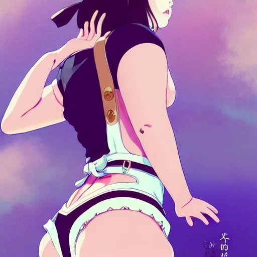 Image similar to a beautiful plus sized model japanese natalie portman, alluring plus sized model, wearing mayan leotard with elegant mayan apron overalls, street fashion hip hop style with mayan patterns, aztec street fashion, gapmoe yandere grimdark, trending on pixiv fanbox, painted by greg rutkowski makoto shinkai takashi takeuchi studio ghibli, akihiko yoshida