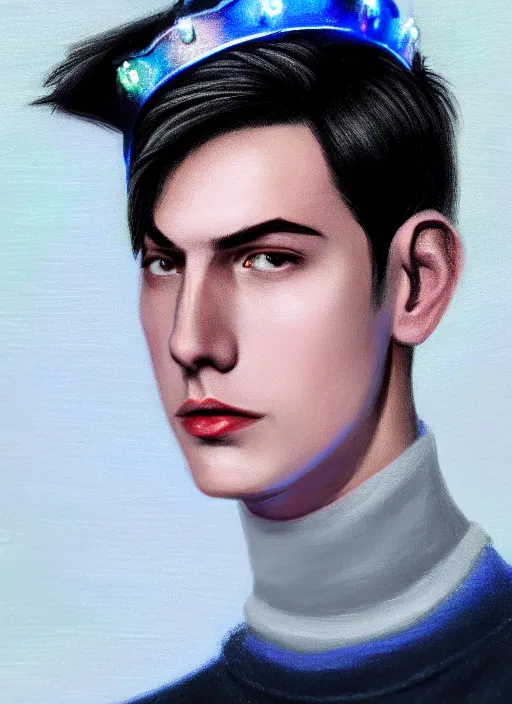 Image similar to portrait of teenage jughead jones wearing a light grey crown, crown, blue turtleneck, 1 9 5 0 s, closed eyes, photorealistic, black hair, glowing lighting, intricate, elegant, glowing lights, highly detailed, digital painting, artstation, concept art, smooth, sharp focus, illustration, art by wlop, mars ravelo and greg rutkowski