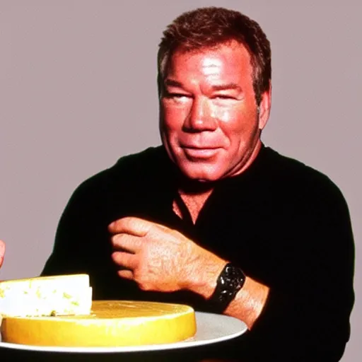 Image similar to william shatner eating a large wheel of cheese,