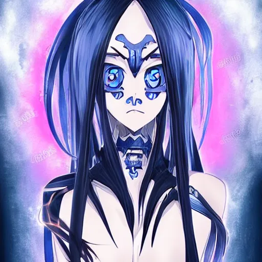 Image similar to beautiful female wizard, blue eyes, black clothing, daughter of death, anime style, concept art