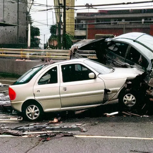 Prompt: a photo of a 1 9 9 9 daihatsu move crashed into a wall with major damage. more 9 0 s japanese cars pass behind the crashed car.