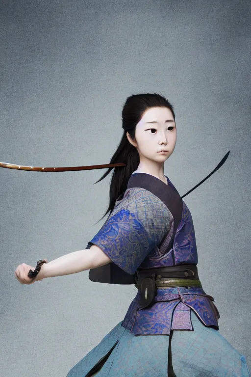 Image similar to highly detailed beautiful photo of a young female samurai, practising sword stances, symmetrical face, beautiful eyes, realistic anime art style, 8 k, award winning photo, pastels, action photography, 1 / 1 2 5 shutter speed, dramatic lighting