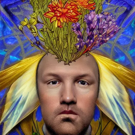 Image similar to masterpiece painting of a doug stanhope made of stylized flowers, by annie swynnerton and jean delville and tino rodriguez, flower mask, art deco shaman, symbolist, dramatic lighting, god rays, elaborate geometric ornament, clean crisp graphics, soft cool colors, smooth, sharp focus, extremely detailed