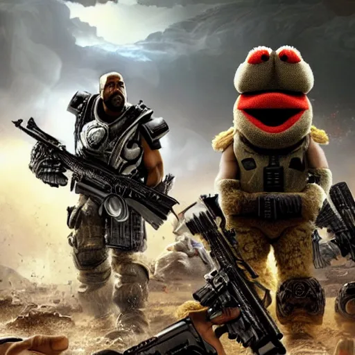 Image similar to kanye west muppet muppet in gears of war, splash art, movie still, detailed face, photorealistic facial features, cinematic lighting, dramatic, octane render, long lens, shallow depth of field, bokeh, anamorphic lens flare, 8 k, hyper detailed, 3 5 mm film grain