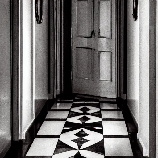 Image similar to a vintage hotel hallway with a red door at the end, dimly lit, surreal, dark, liminal,