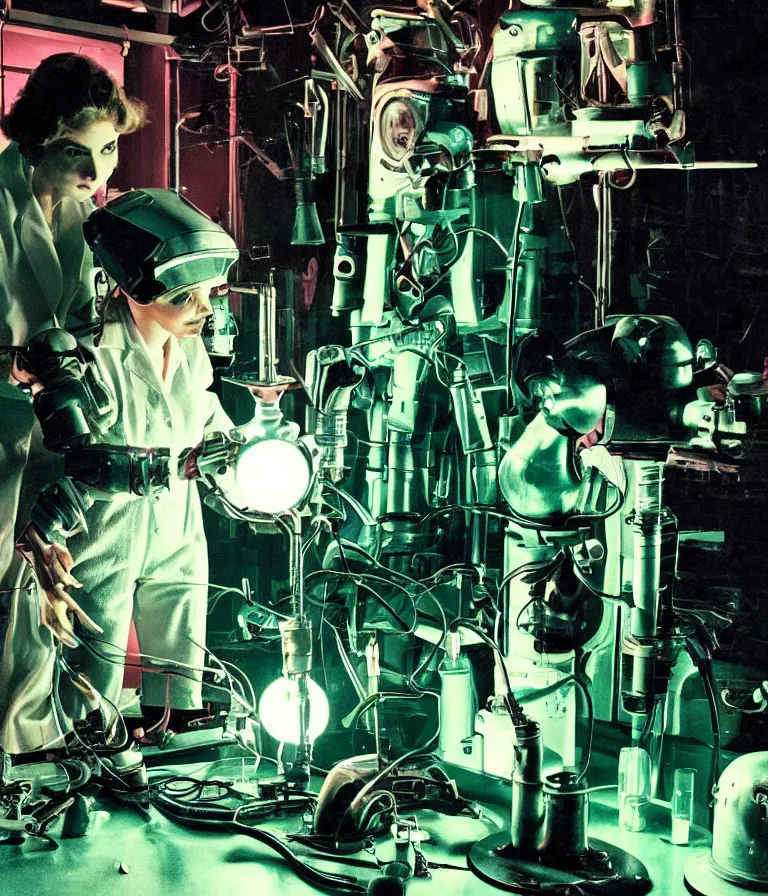 Prompt: a female mad scientist building a humanoid robot, in a darkly lit laboratory room, 1 9 5 0 s horror movie poster style, norman rockwell painting, close - up shot, retro science fiction, vintage, saturated pink and green lighting, shadowy lighting, cohesive